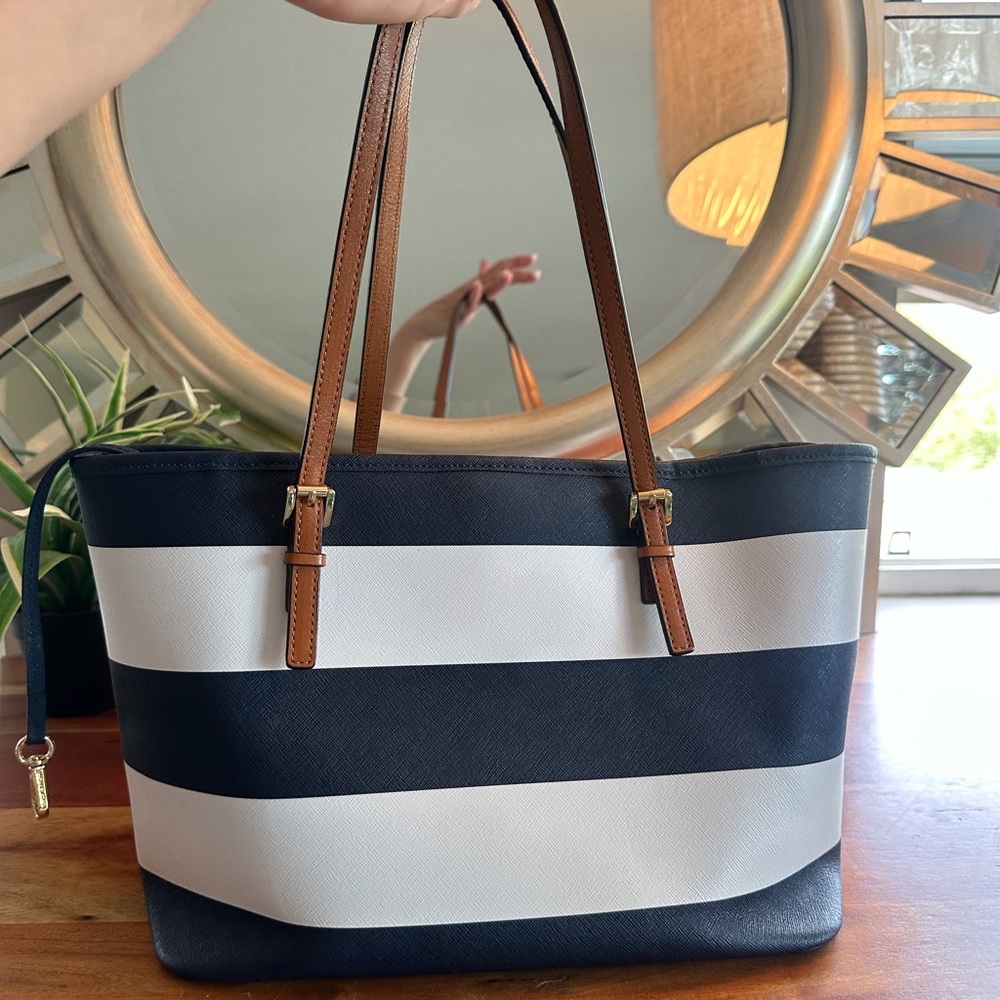 Michael Kors Navy White Striped Saffiano Tote with Tan Straps - Picture 3 of 5
